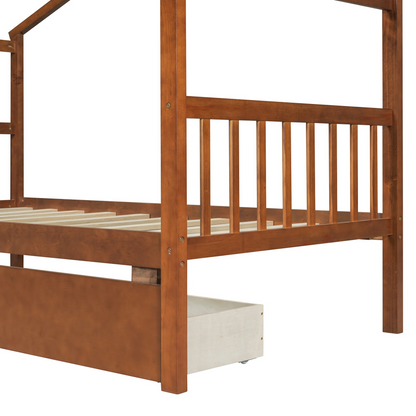Wooden House Bed with built-in drawers for kids&