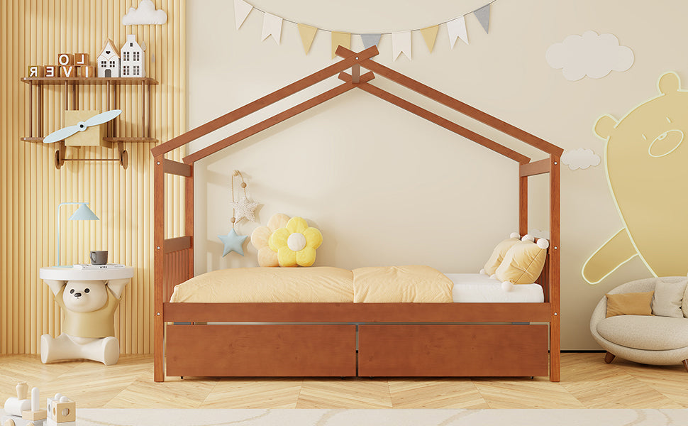Wooden house bed with built-in drawers for kids&