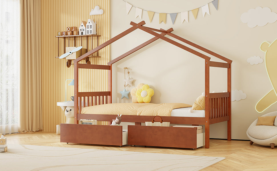 Solid wooden house bed with built-in drawers for kids&