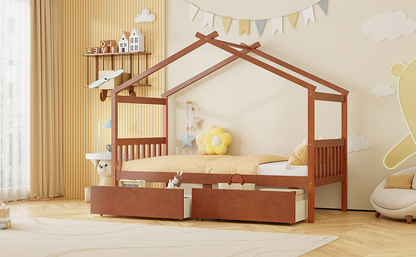 Solid wooden house bed with built-in drawers for kids&