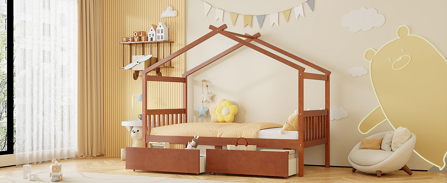 Wooden house bed for kids with built-in drawers, solid wood construction, ideal for children&