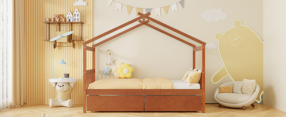 Start2Finish wooden house bed with built-in drawers for kids&