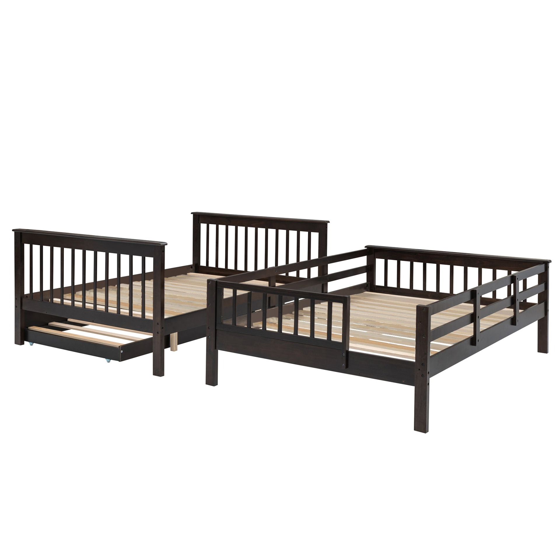 Start2Finish Stairway Full-Over-Full bunk bed with twin trundle, storage drawers, and guard rails in a bedroom setting