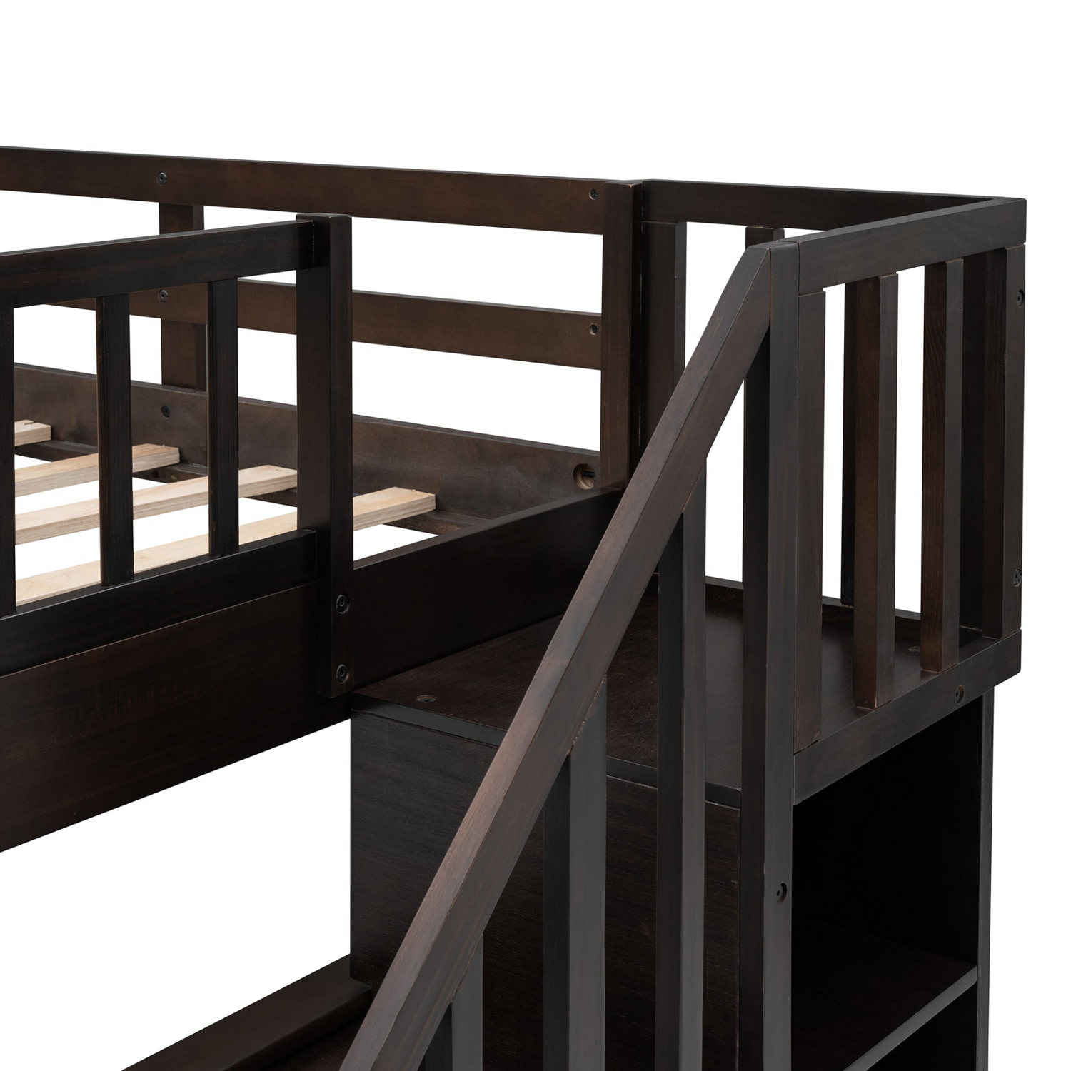Start2Finish Stairway Full-Over-Full Bunk Bed with Twin Trundle, storage drawers, and guard rails in a modern bedroom setting.