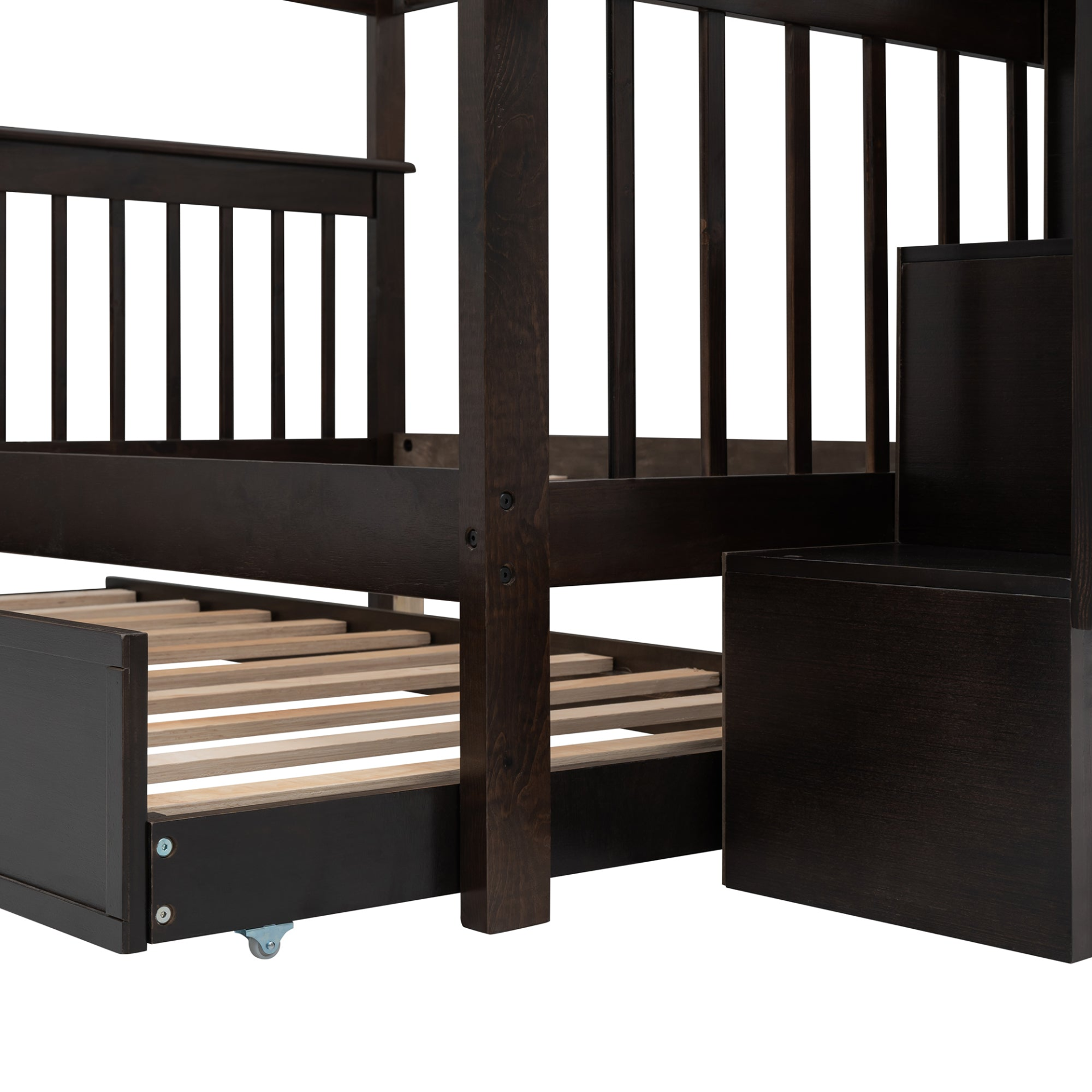 Start2Finish stairway full-over-full bunk bed with twin trundle, storage drawers, and guard rails in a bedroom setting