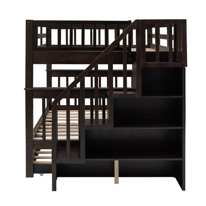 Start2Finish stairway full-over-full bunk bed with twin trundle, storage drawers, and guard rail in a bedroom setting