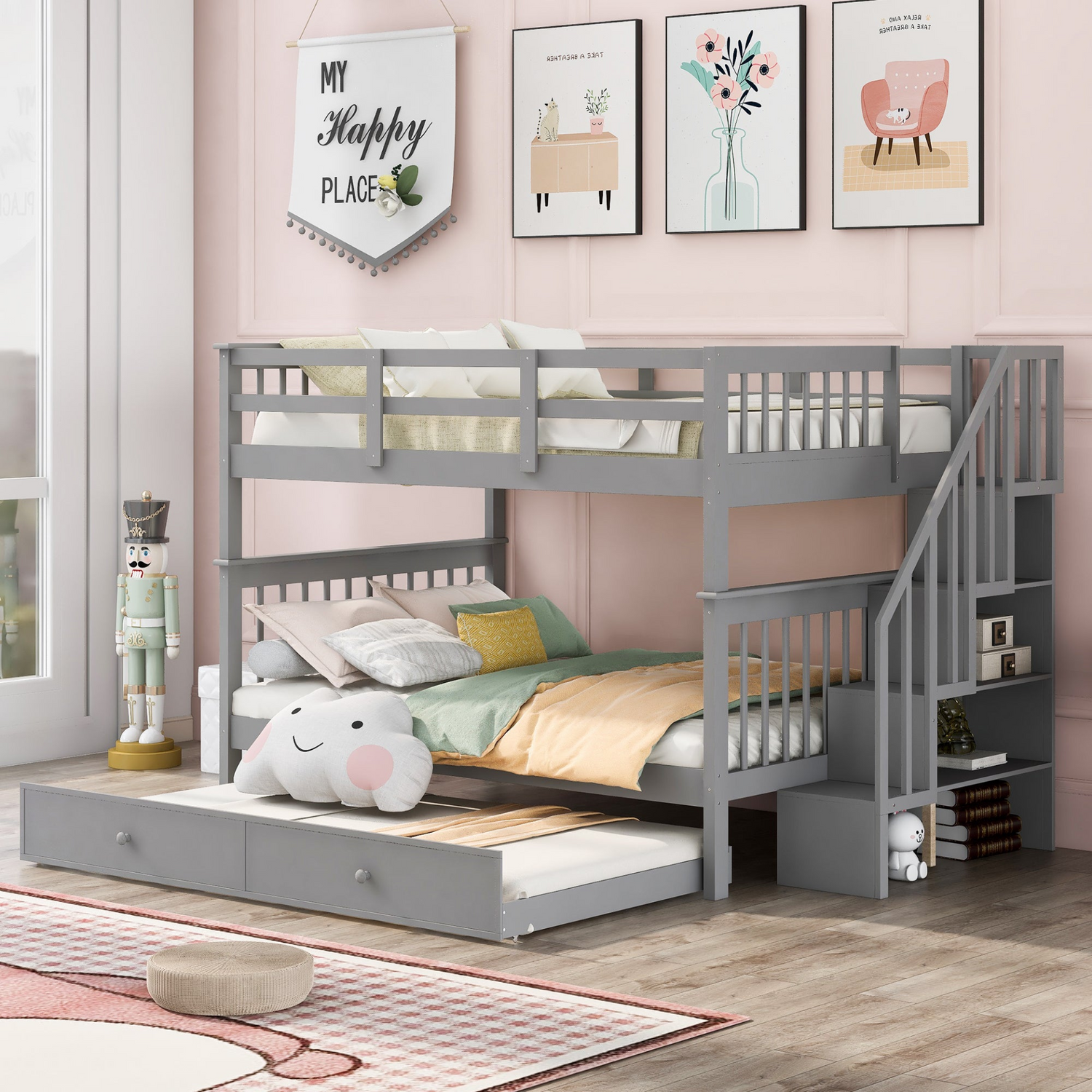 Start2Finish Stairway Full-Over-Full Bunk Bed with twin trundle, storage drawers, and guard rails in a bedroom setting.