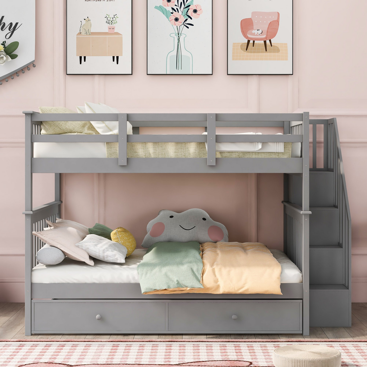 Start2Finish stairway full-over-full bunk bed with twin trundle, storage drawers, and guard rail in a bedroom setting
