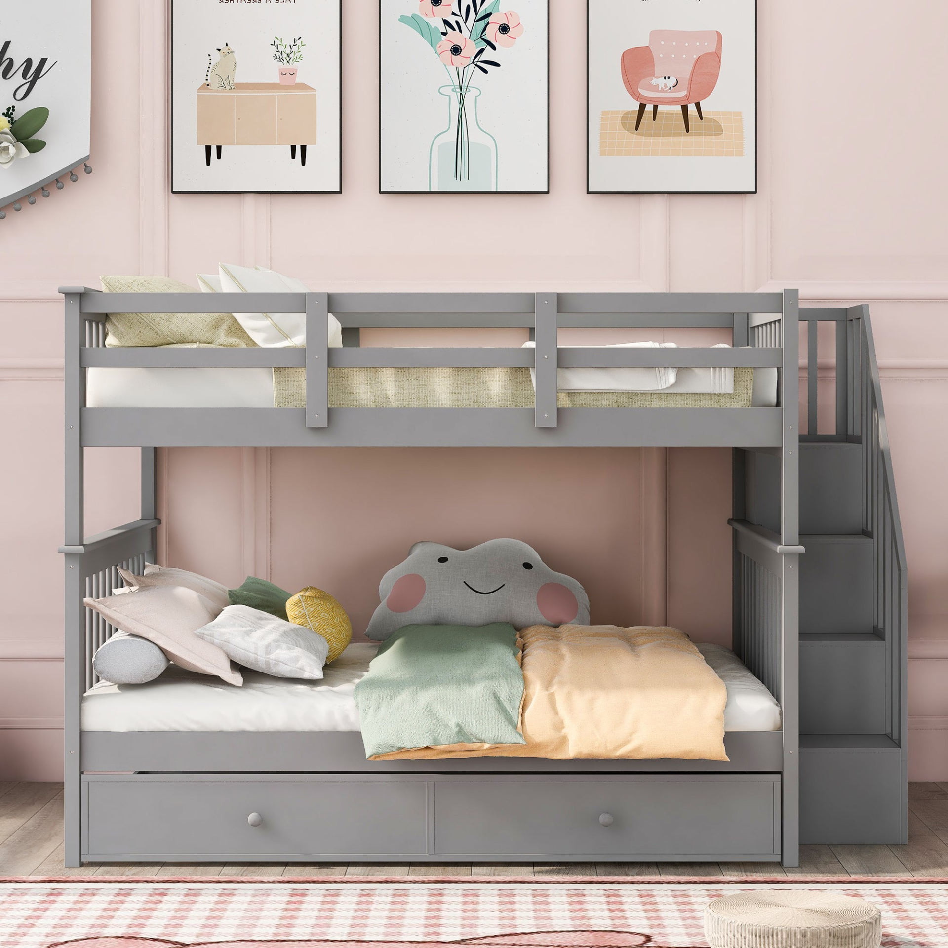 Start2Finish stairway full-over-full bunk bed with twin trundle, storage drawers, and guard rail in a bedroom setting