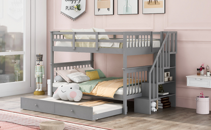 Start2Finish Stairway Full-Over-Full Bunk Bed with Twin Trundle, storage drawers, and guard rails in a bedroom setting.