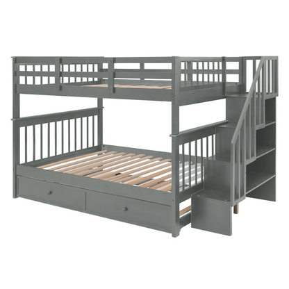 Start2Finish Stairway Full-Over-Full Bunk Bed with twin trundle, storage drawers, and guard rails in a modern bedroom setting