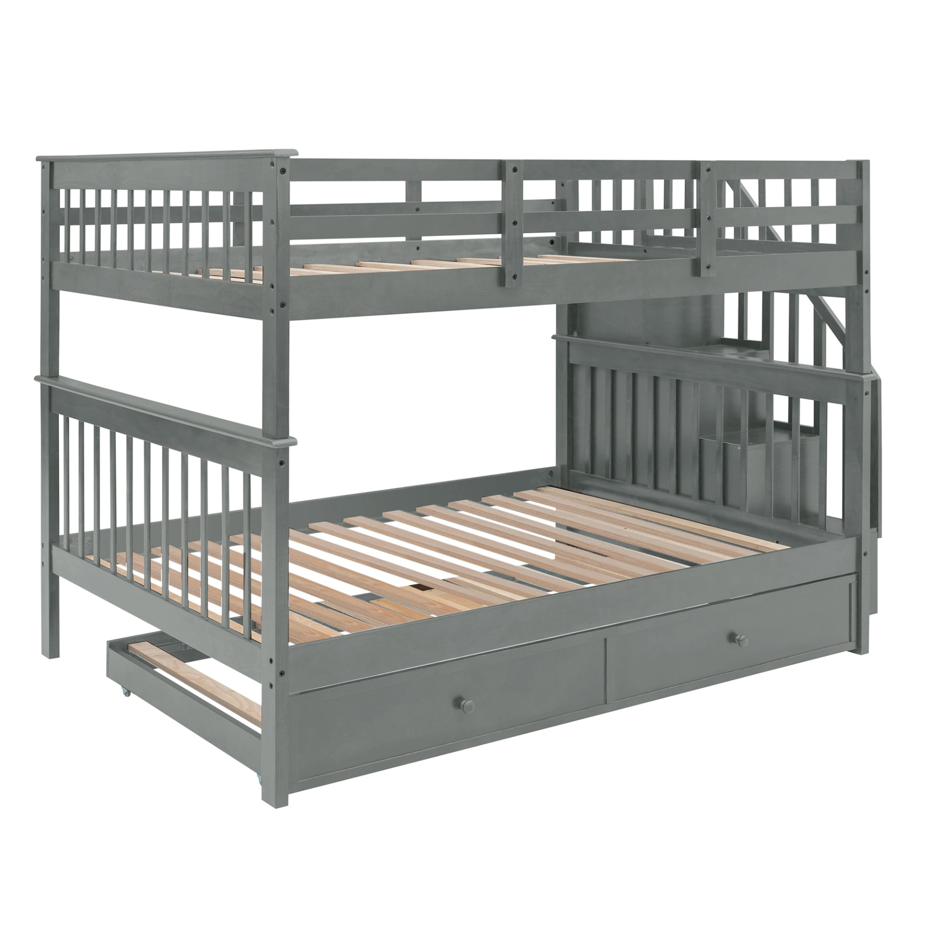 Start2Finish stairway full-over-full bunk bed with twin trundle, storage drawers, and safety guard rail in a bedroom setting.