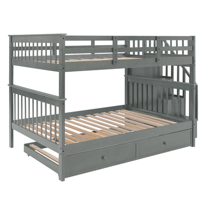 Start2Finish stairway full-over-full bunk bed with twin trundle, storage drawers, and safety guard rail in a bedroom setting.