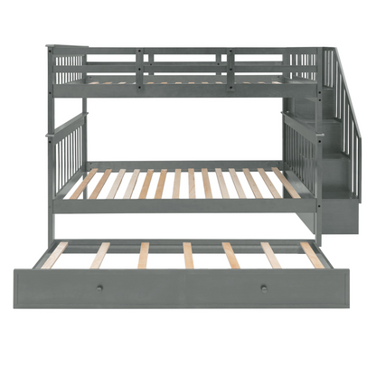 Start2Finish stairway full-over-full bunk bed with twin trundle, storage drawers, and guard rail in a bedroom setting.