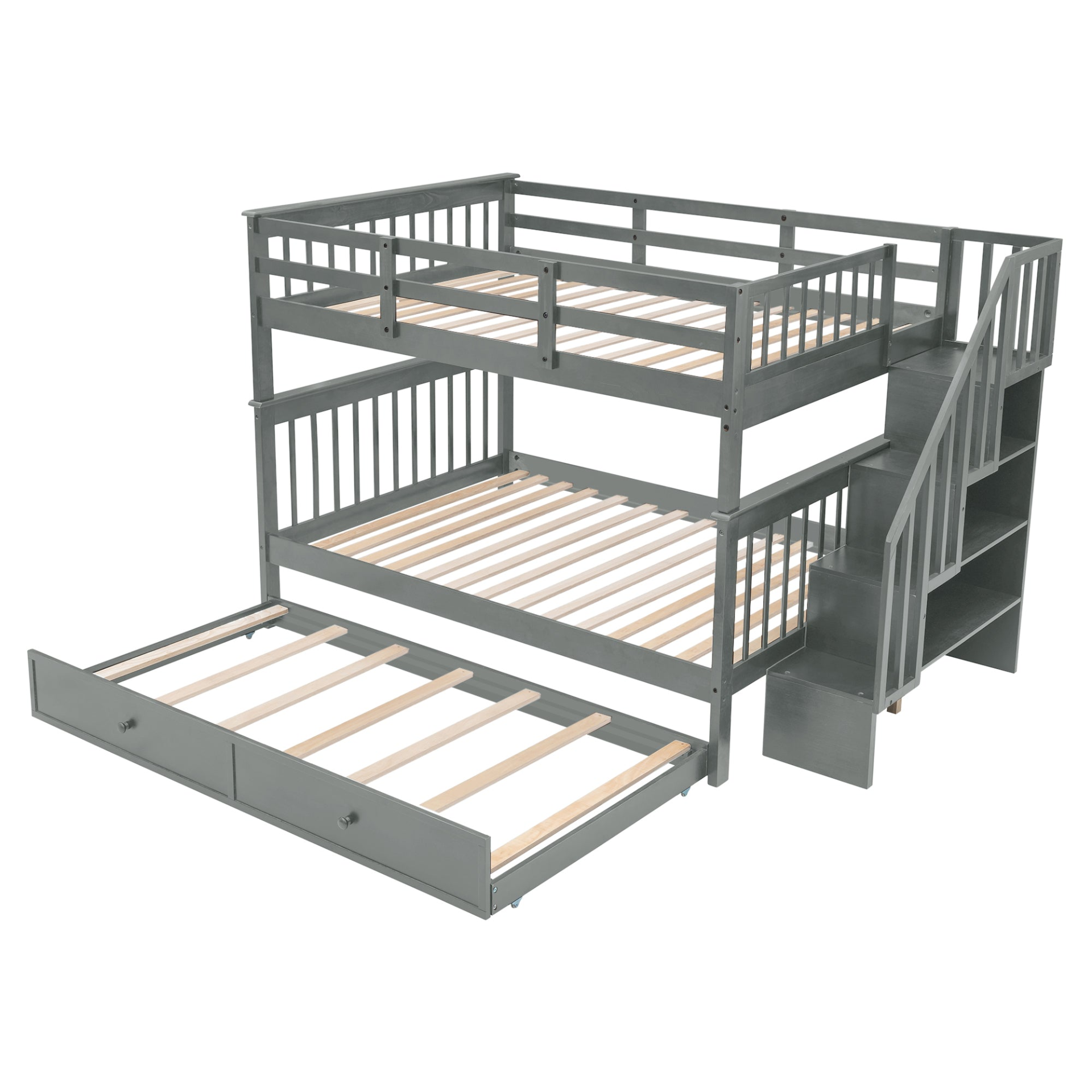Start2Finish stairway full-over-full bunk bed with twin trundle, storage drawers, and guard rail in a bedroom setting.