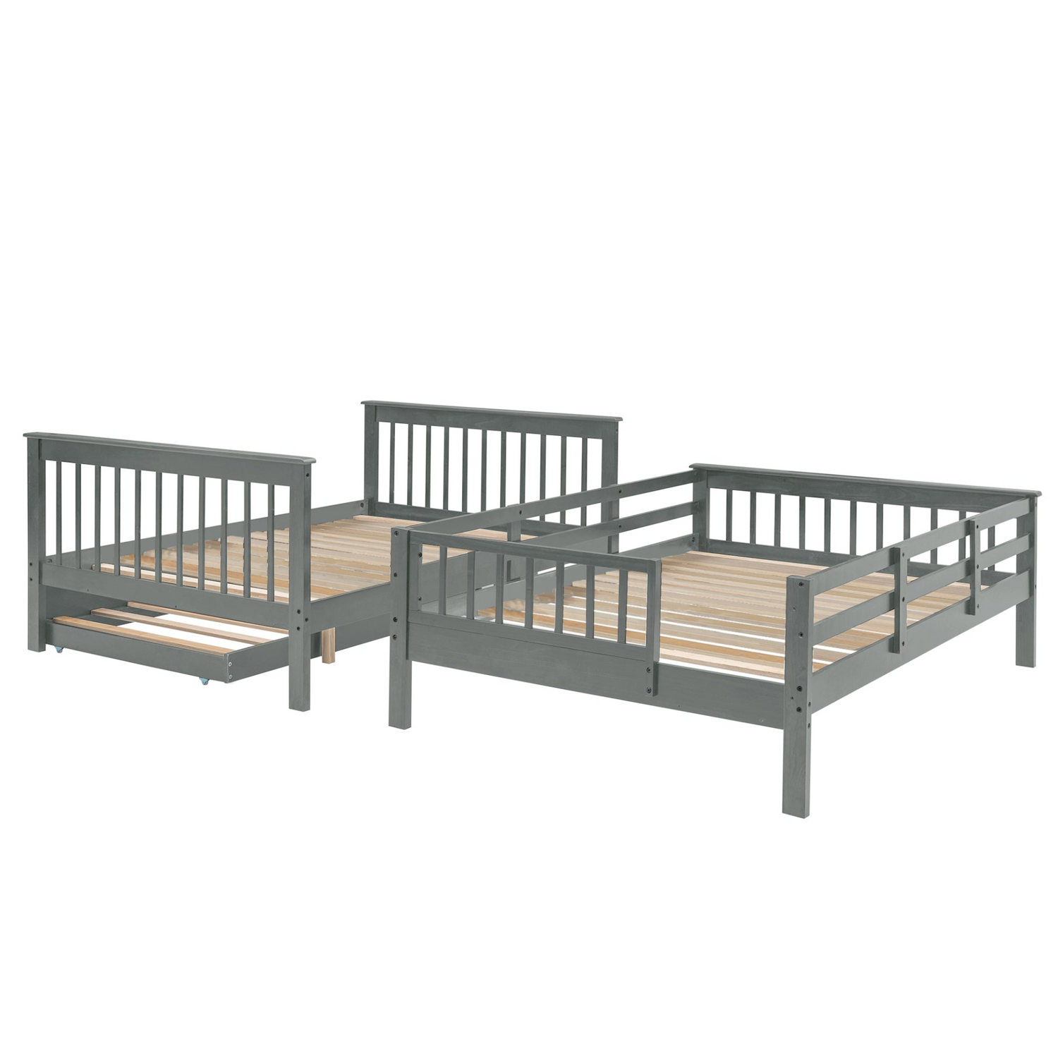 Start2Finish Stairway Full-Over-Full Bunk Bed with twin trundle, storage drawers, and guard rail in a bedroom setting.