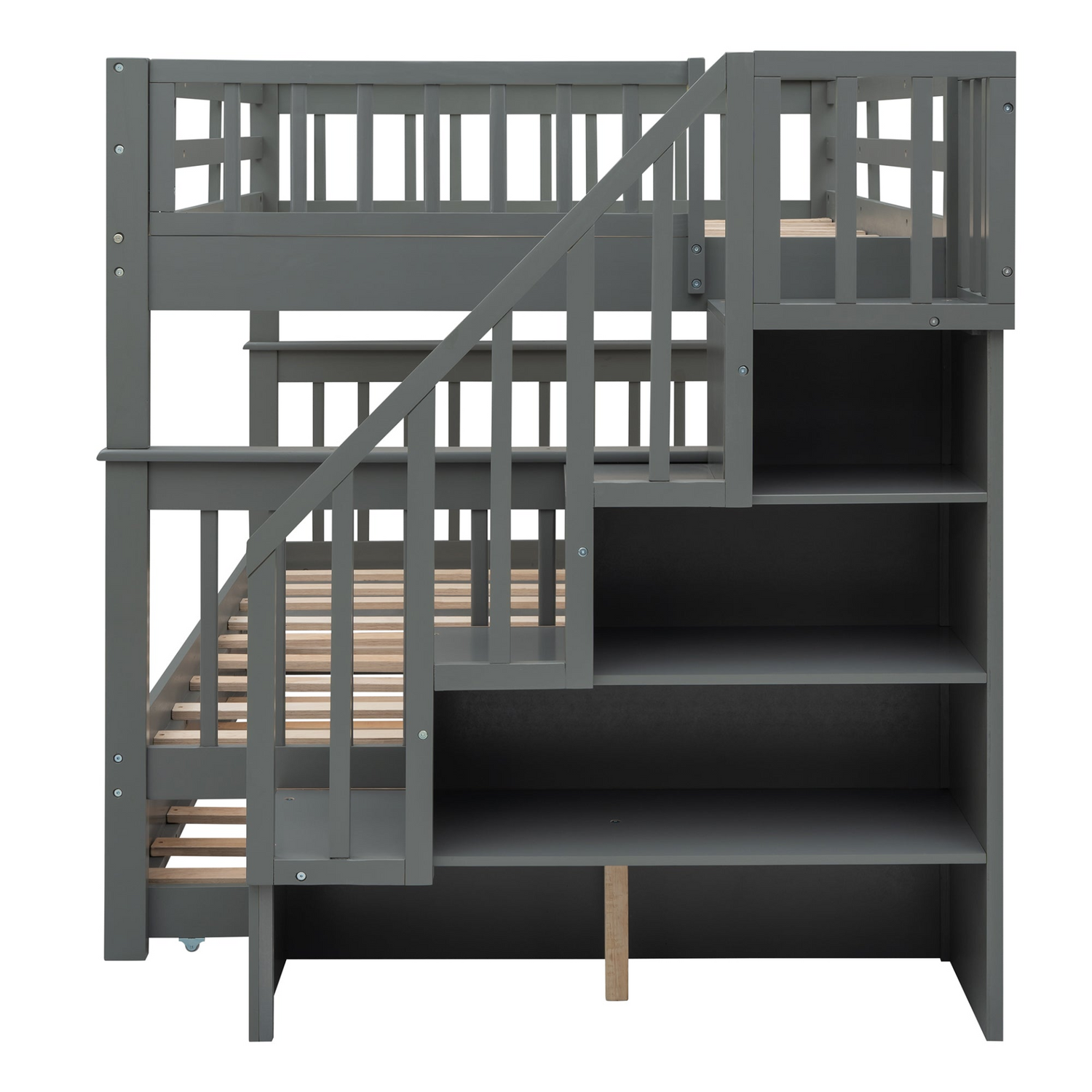 Start2Finish stairway full-over-full bunk bed with twin trundle, storage drawers, and guard rail in a bedroom setting.