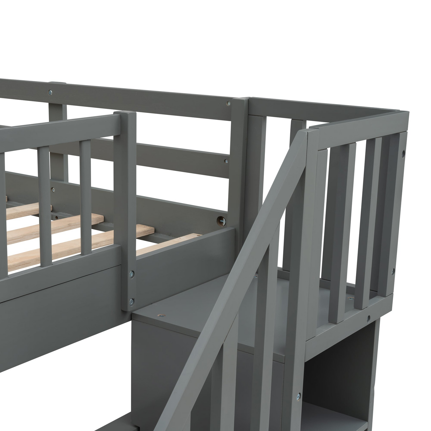 Start2Finish stairway full-over-full bunk bed with twin trundle, storage drawers, and guard rail in a bedroom setting.
