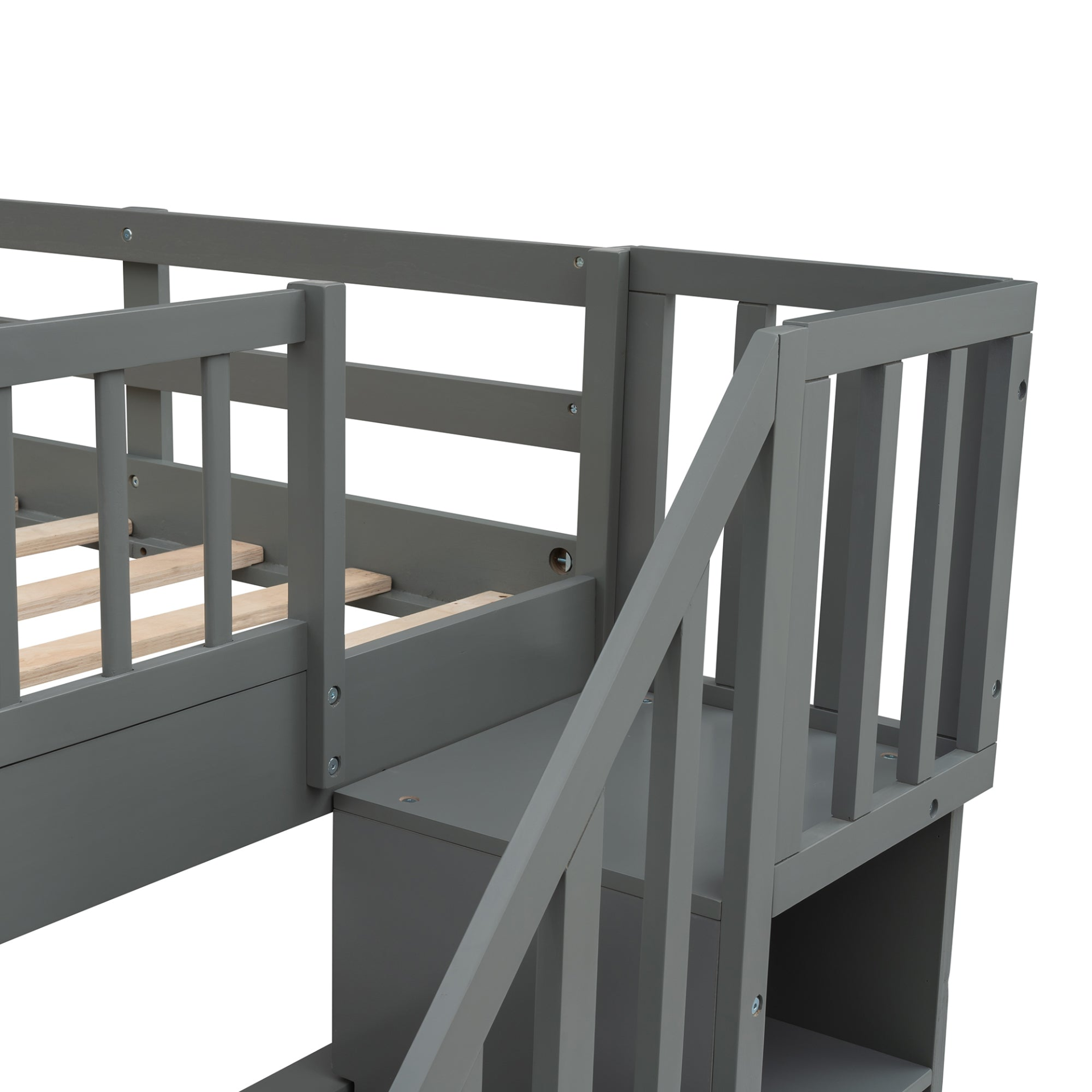 Start2Finish stairway full-over-full bunk bed with twin trundle, storage drawers, and guard rail in a bedroom setting.