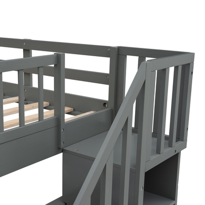 Start2Finish stairway full-over-full bunk bed with twin trundle, storage drawers, and guard rail in a bedroom setting.