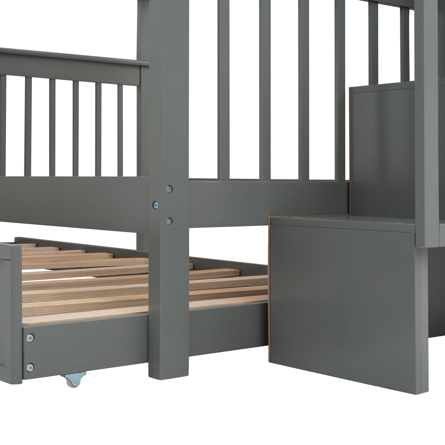 Start2Finish Stairway Full-Over-Full Bunk Bed with Twin Trundle, storage drawers, and safety guard rail in a bedroom setting.