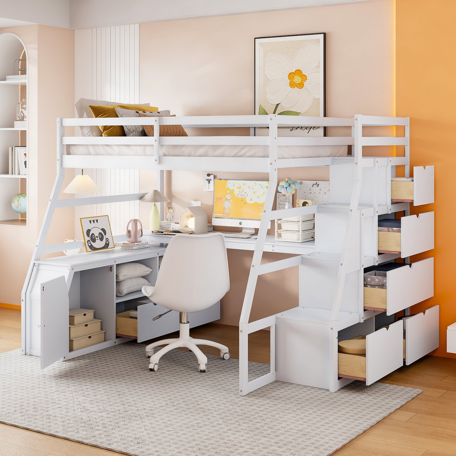 Start2Finish full size loft bed with 7 drawers, 2 shelves, and built-in desk featuring ample storage and workspace.