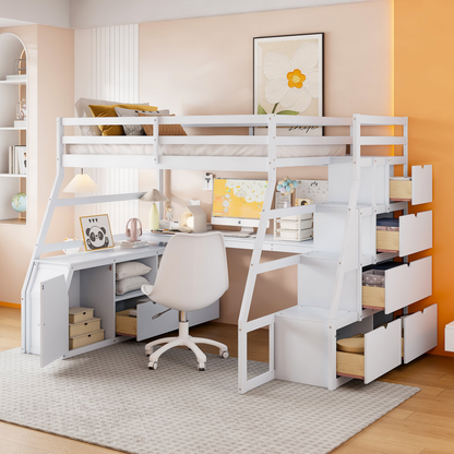 Start2Finish full size loft bed with 7 drawers, 2 shelves, and built-in desk featuring ample storage and workspace.