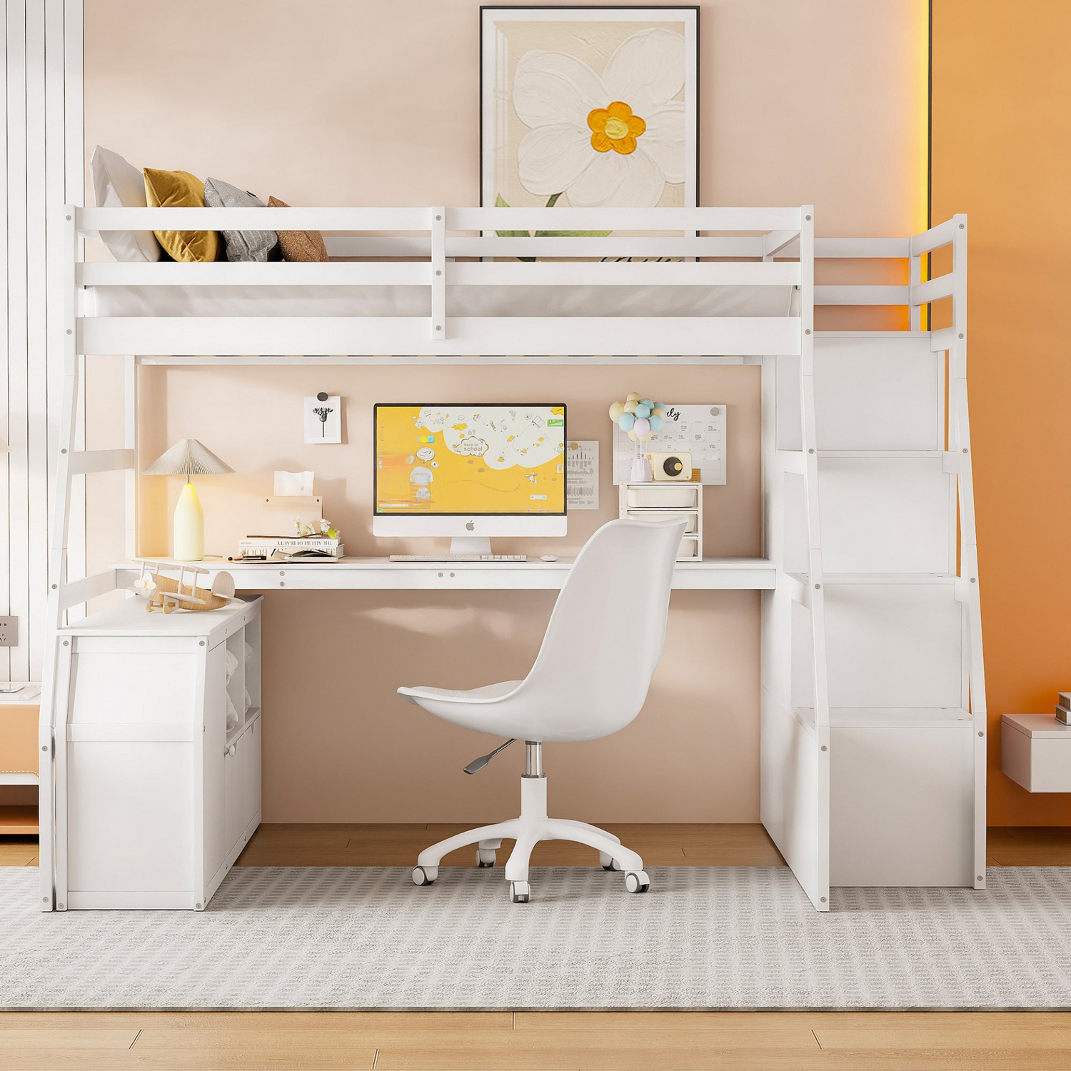 Start2Finish full size loft bed with 7 drawers, 2 shelves, and built-in desk featuring ample storage space.