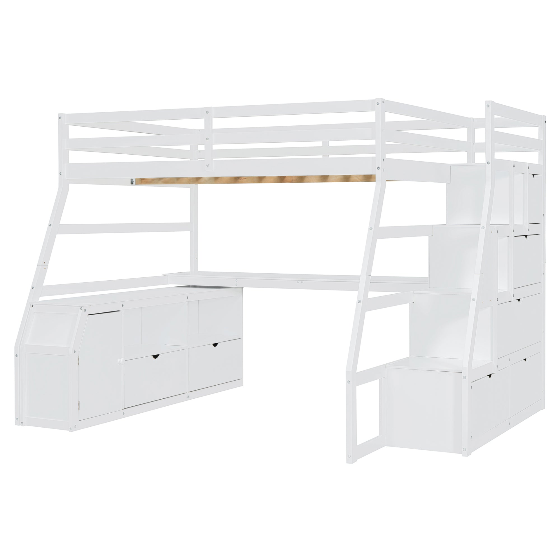 Full size Start2Finish loft bed with built-in desk, seven drawers, and two shelves showing a modern bedroom setup.