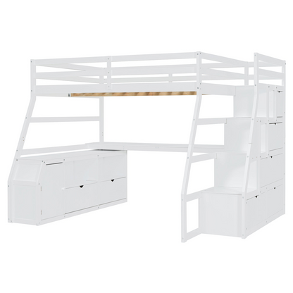 Full size Start2Finish loft bed with built-in desk, seven drawers, and two shelves showing a modern bedroom setup.