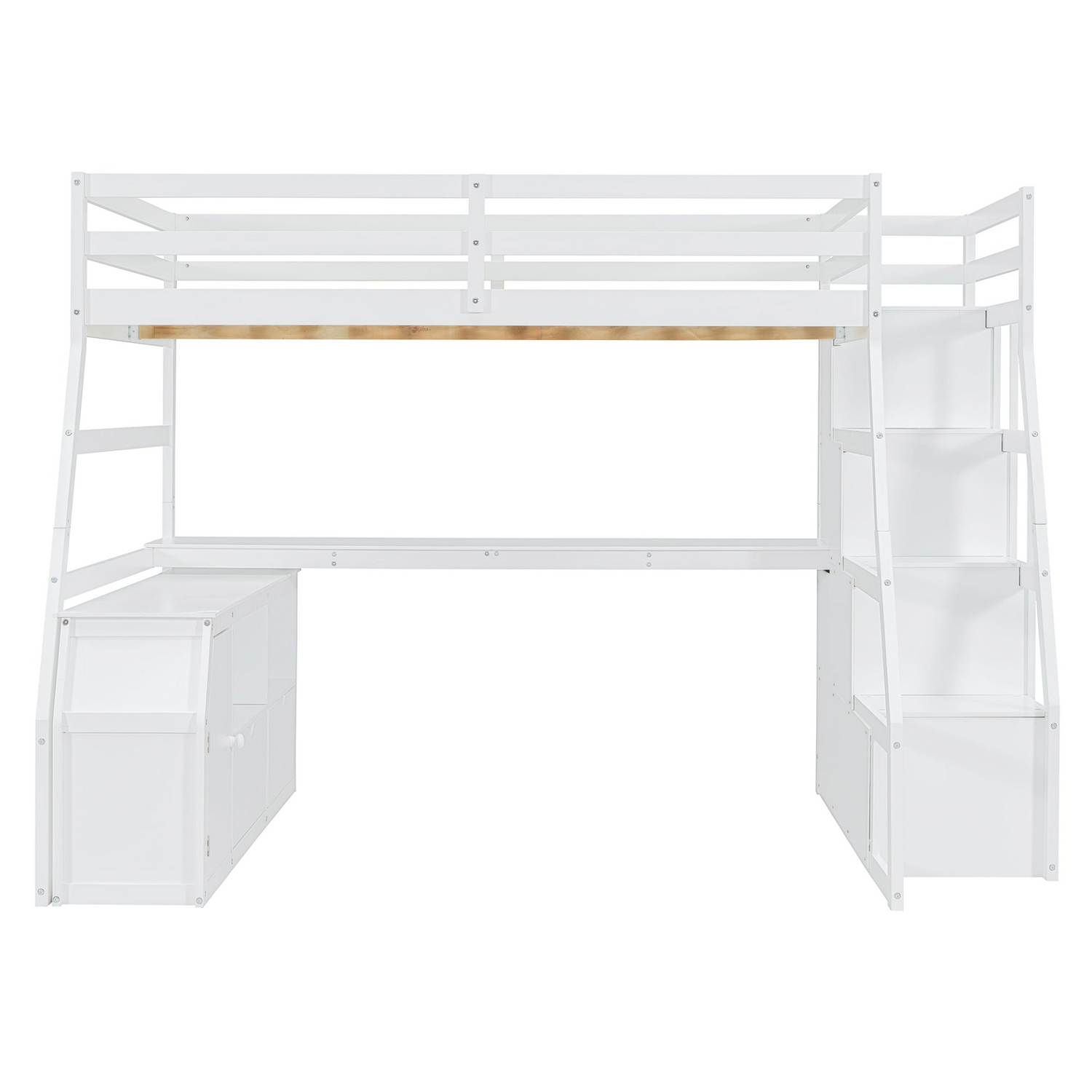 Start2Finish full size loft bed with built-in desk, 7 drawers, and 2 shelves for efficient space-saving bedroom storage.