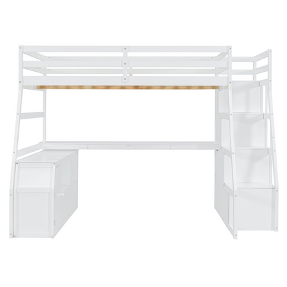 Start2Finish full size loft bed with built-in desk, 7 drawers, and 2 shelves for efficient space-saving bedroom storage.