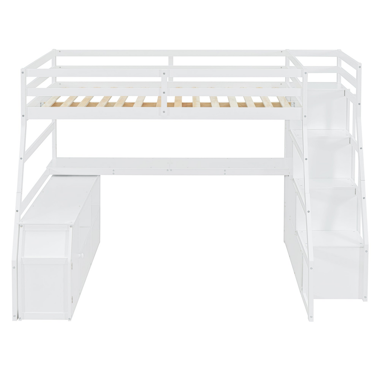 Full size loft bed by Start2Finish with 7 drawers, 2 shelves, and built-in desk offering ample storage and workspace.