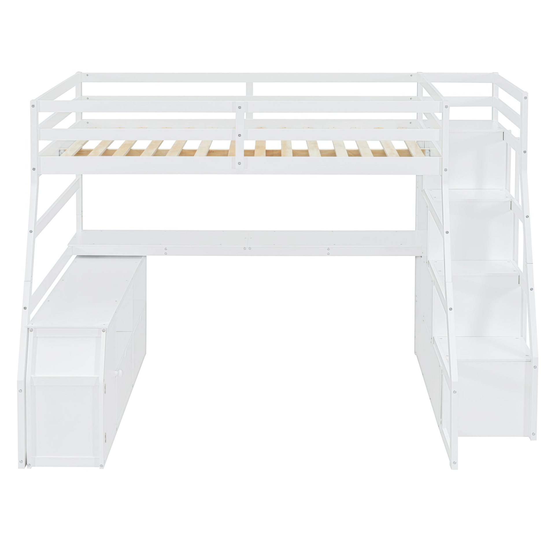 Full size loft bed by Start2Finish with 7 drawers, 2 shelves, and built-in desk offering ample storage and workspace.
