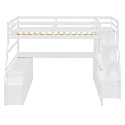 Full size loft bed by Start2Finish with 7 drawers, 2 shelves, and built-in desk offering ample storage and workspace.