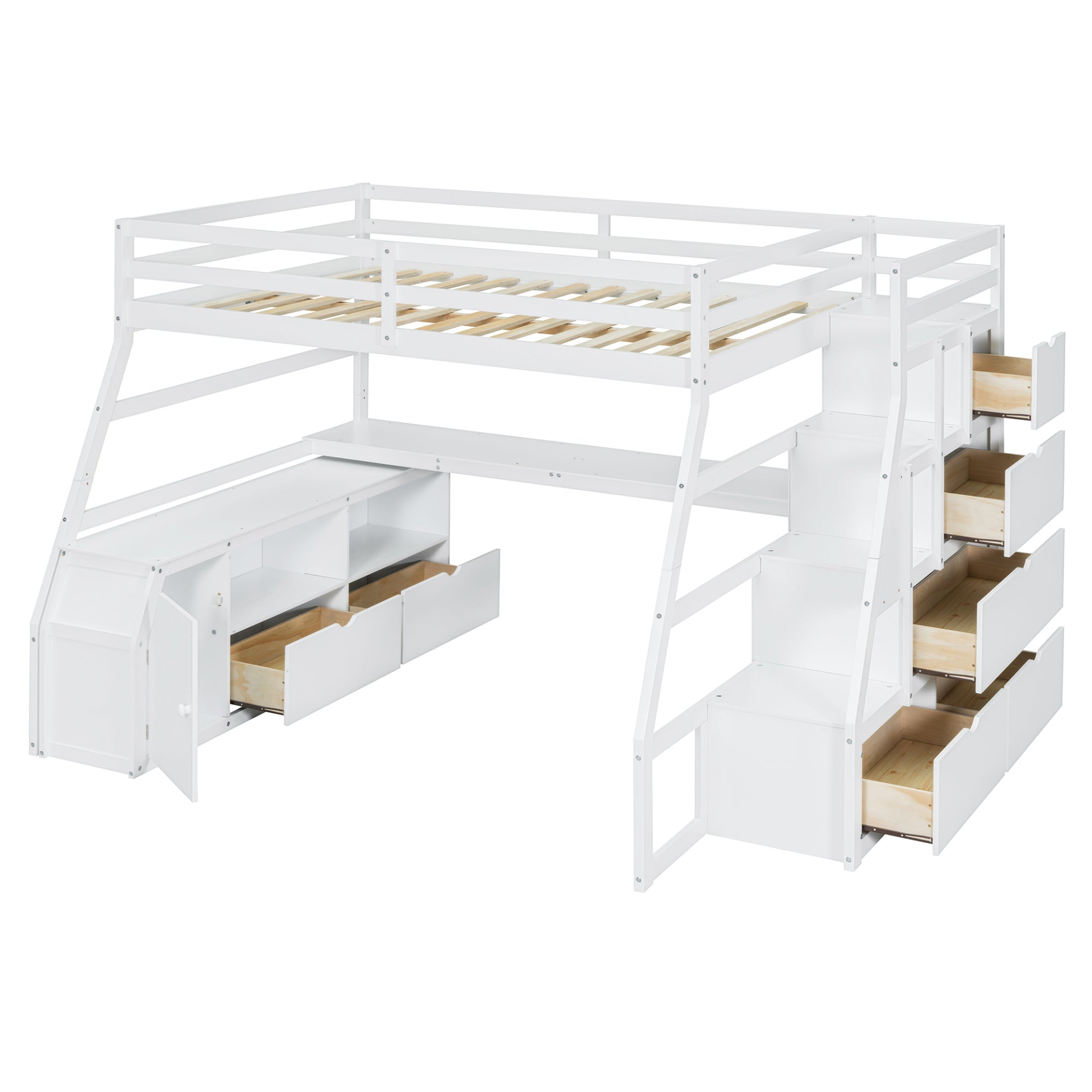 Full size Start2Finish loft bed with 7 drawers, 2 shelves, and built-in desk with storage in a modern bedroom setup
