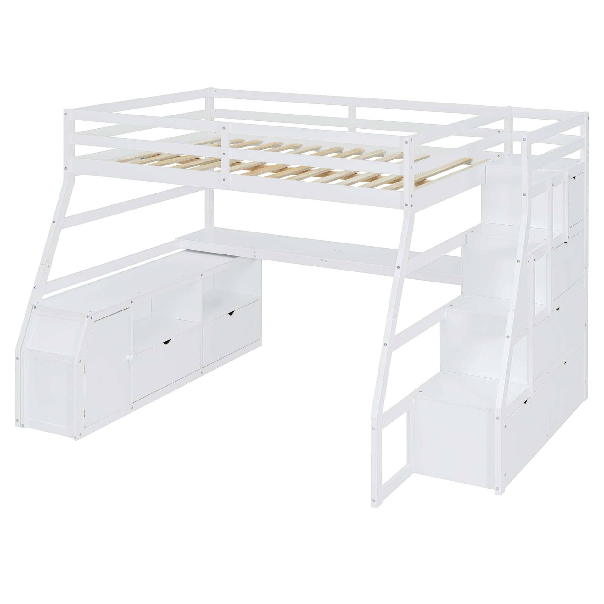 Start2Finish full size loft bed with built-in desk, 7 drawers, and 2 shelves showing bed frame, storage drawers, and workspace