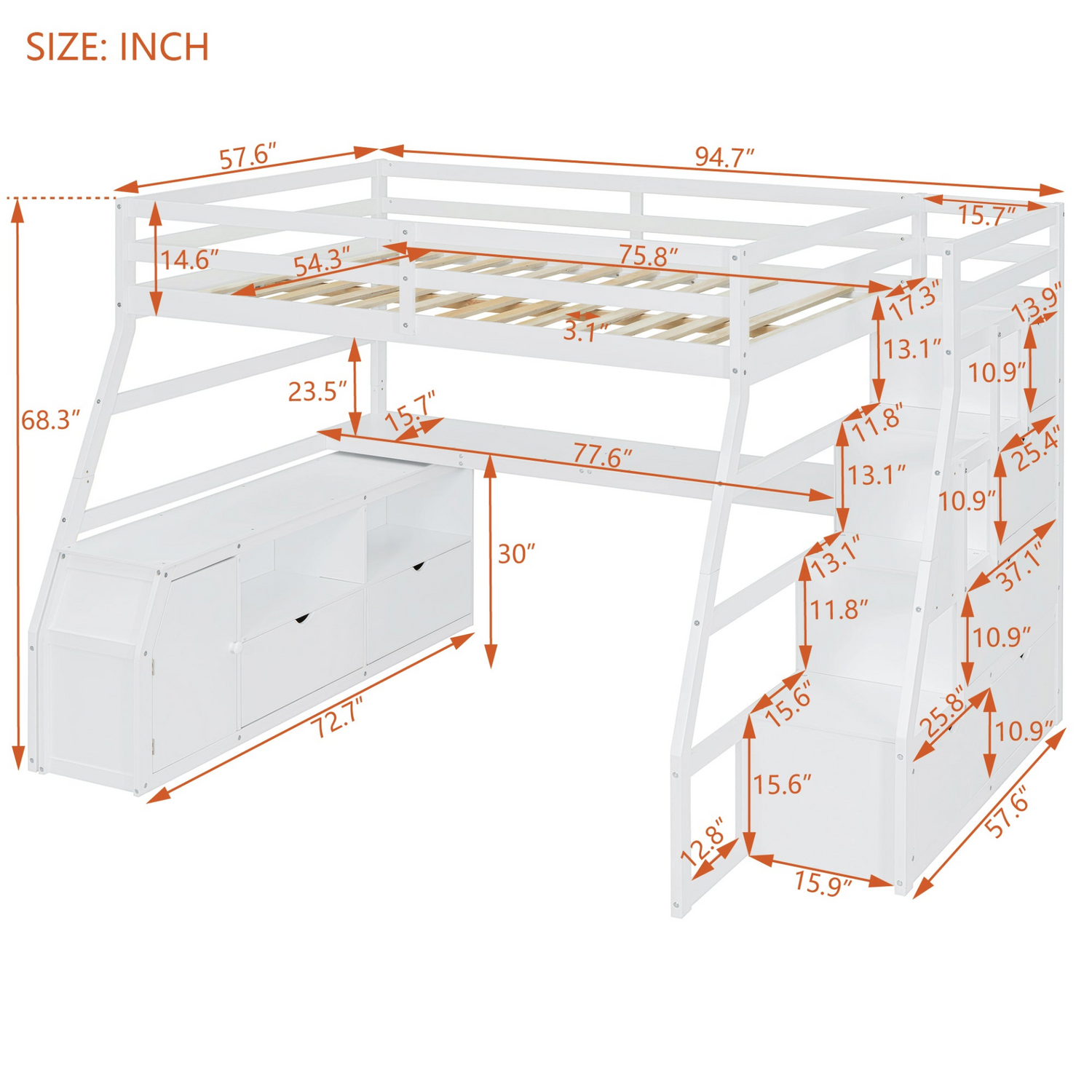 Full size Start2Finish loft bed with 7 drawers, 2 shelves, and built-in desk with storage in a modern bedroom setting.