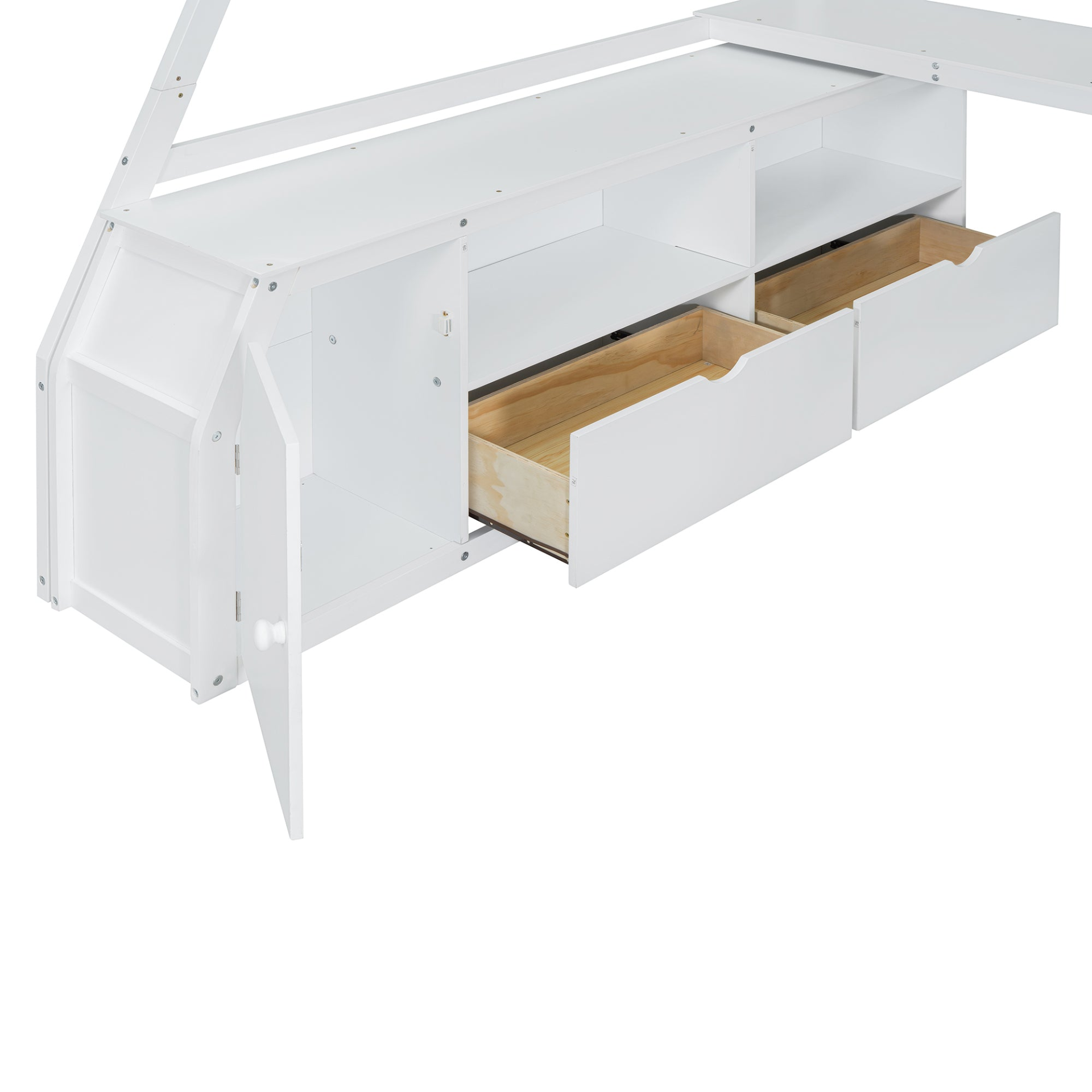 Start2Finish full size loft bed with 7 drawers, 2 shelves, and built-in desk featuring ample storage in a modern bedroom setup.