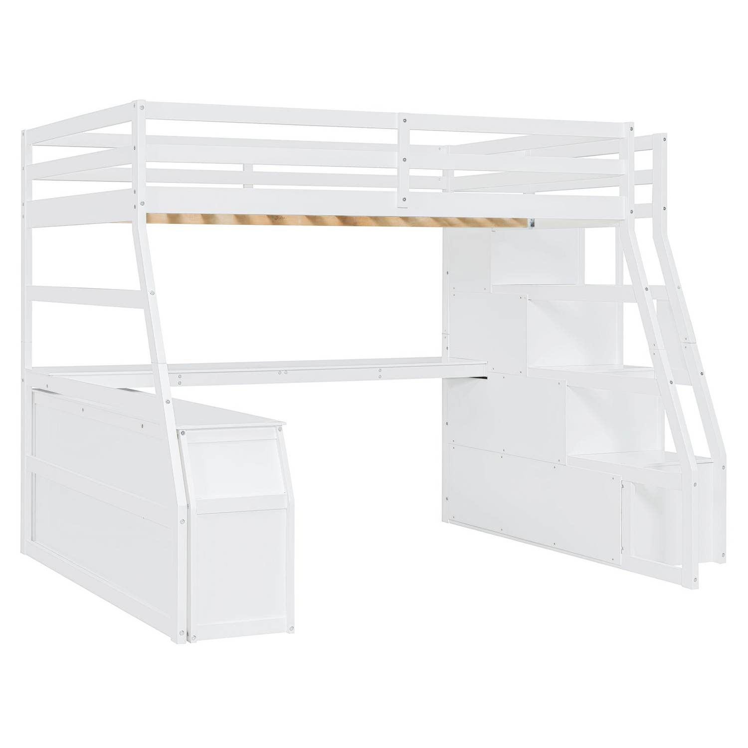 Full size loft bed by Start2Finish with built-in desk, 7 drawers, and 2 shelves, showcasing a modern bedroom furniture setup.