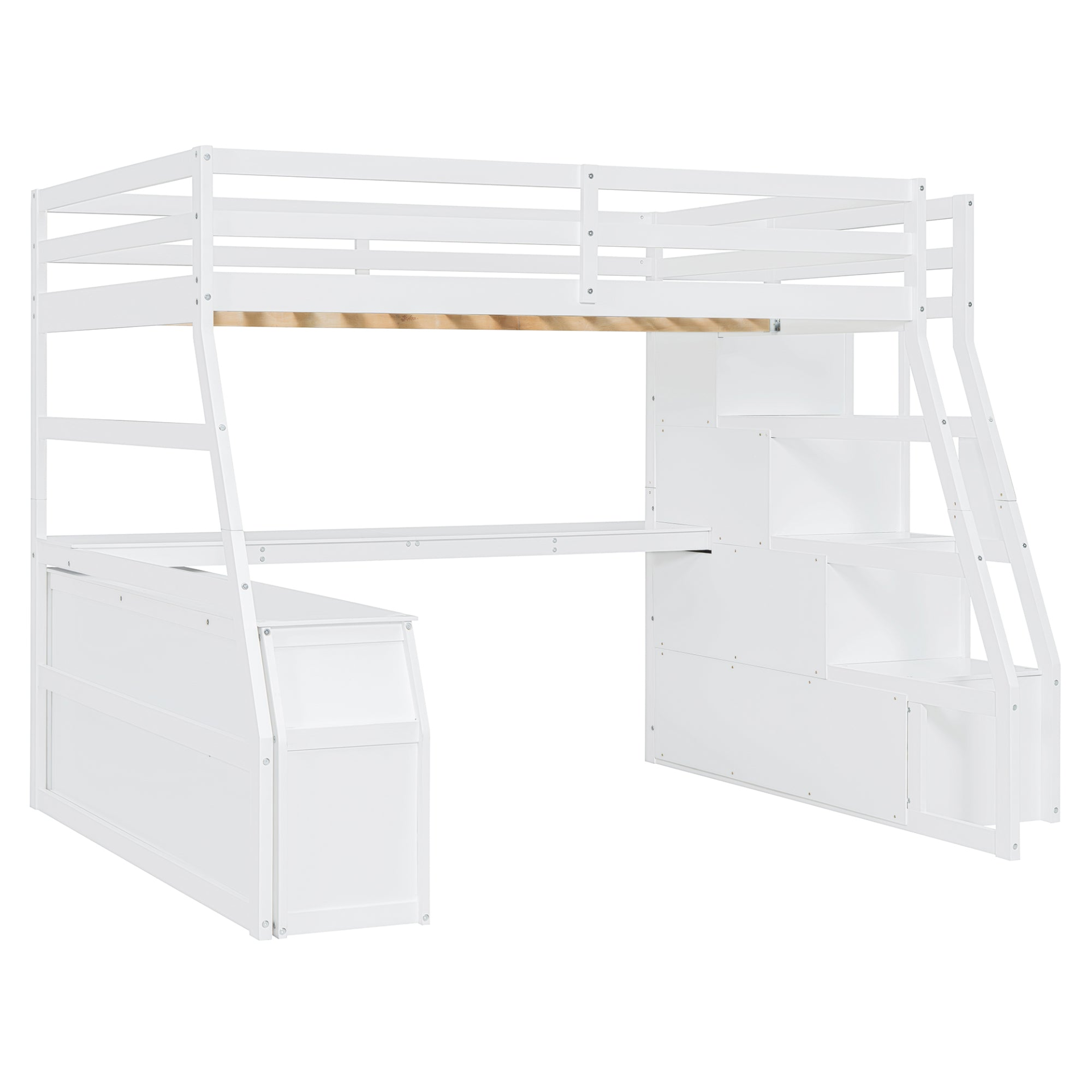 Full size loft bed by Start2Finish with built-in desk, 7 drawers, and 2 shelves, showcasing a modern bedroom furniture setup.
