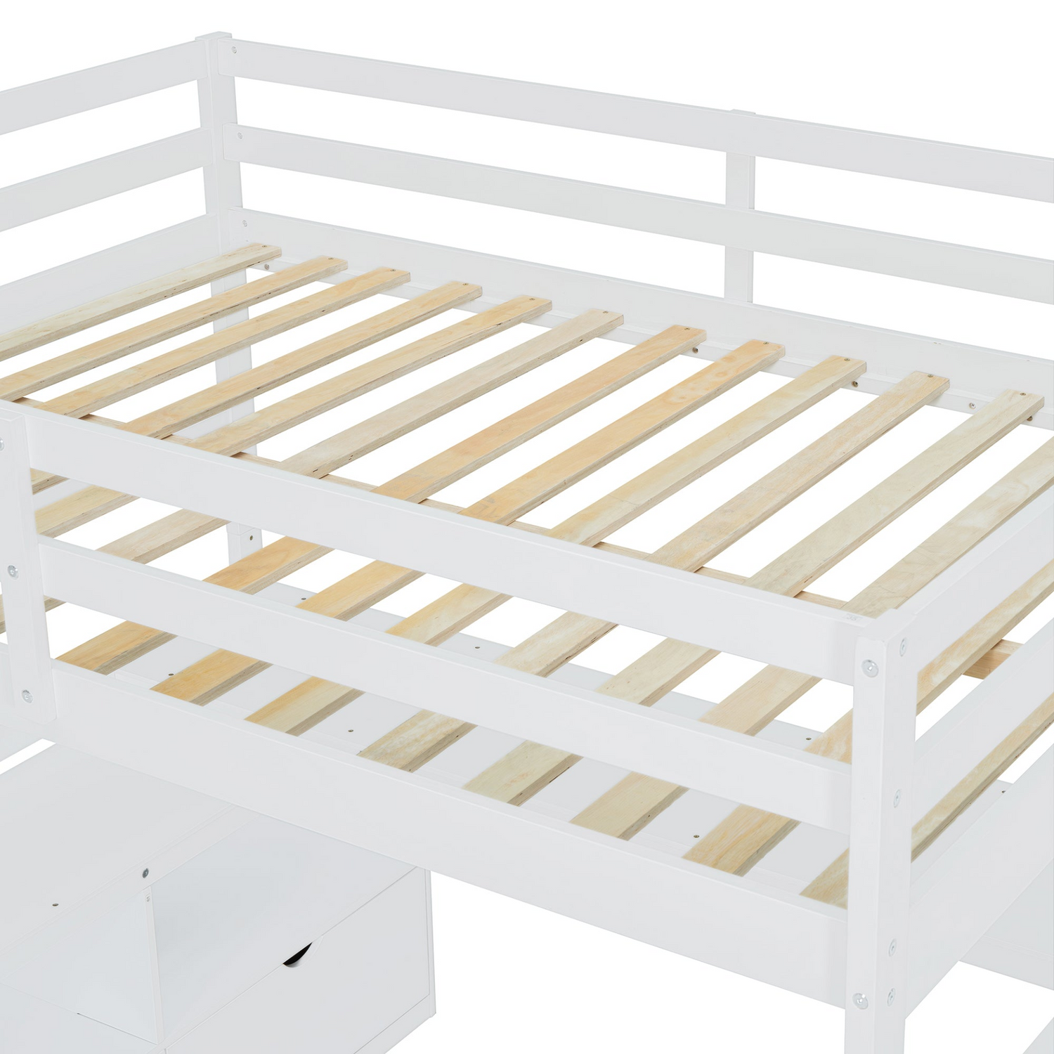 Full size loft bed by Start2Finish featuring 7 drawers, 2 shelves, and a built-in desk with storage in a modern bedroom setup.