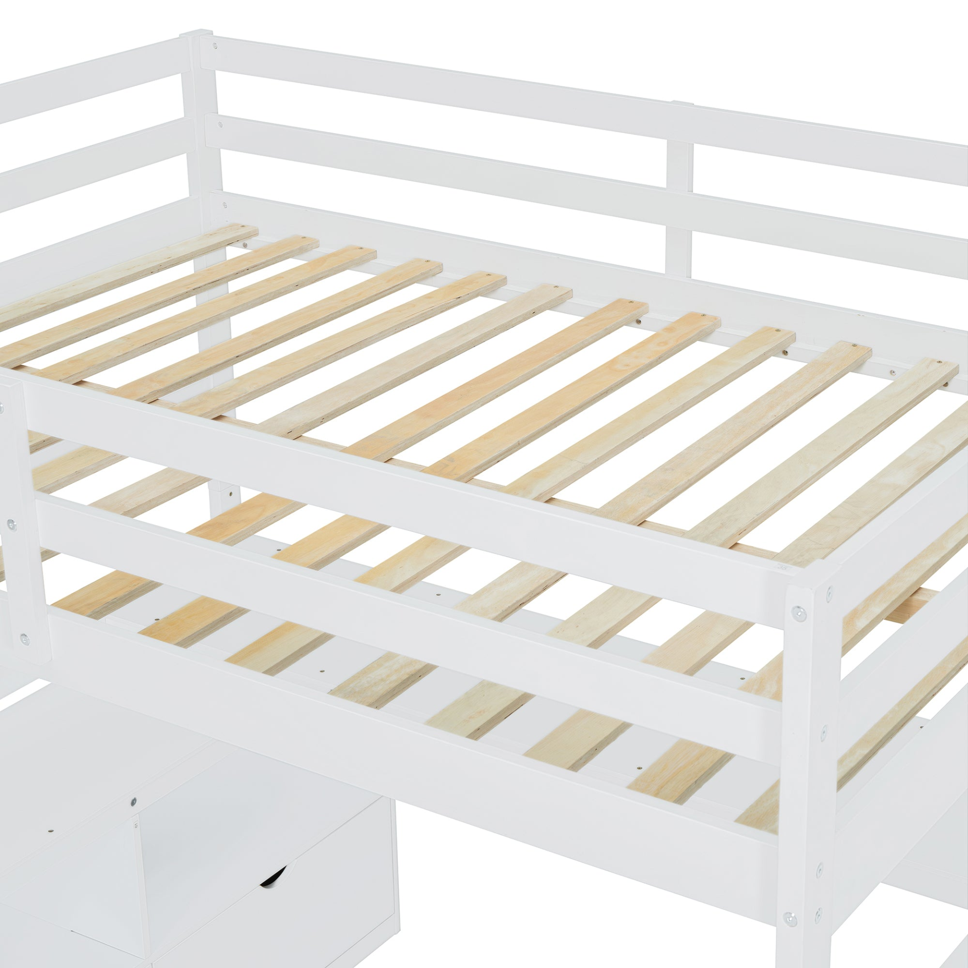 Full size loft bed by Start2Finish featuring 7 drawers, 2 shelves, and a built-in desk with storage in a modern bedroom setup.