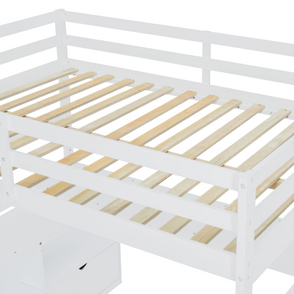 Full size loft bed by Start2Finish featuring 7 drawers, 2 shelves, and a built-in desk with storage in a modern bedroom setup.