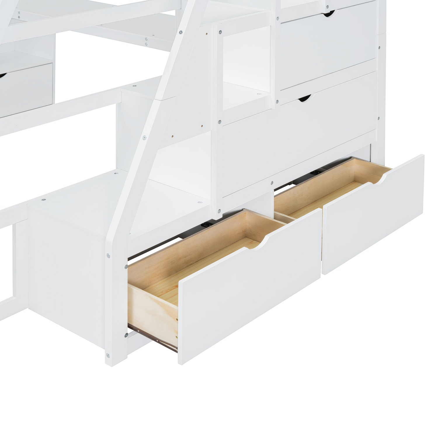 Start2Finish full size loft bed with 7 drawers, 2 shelves, and built-in desk showing the bed frame, storage drawers, and workspace