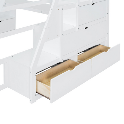 Start2Finish full size loft bed with 7 drawers, 2 shelves, and built-in desk showing the bed frame, storage drawers, and workspace