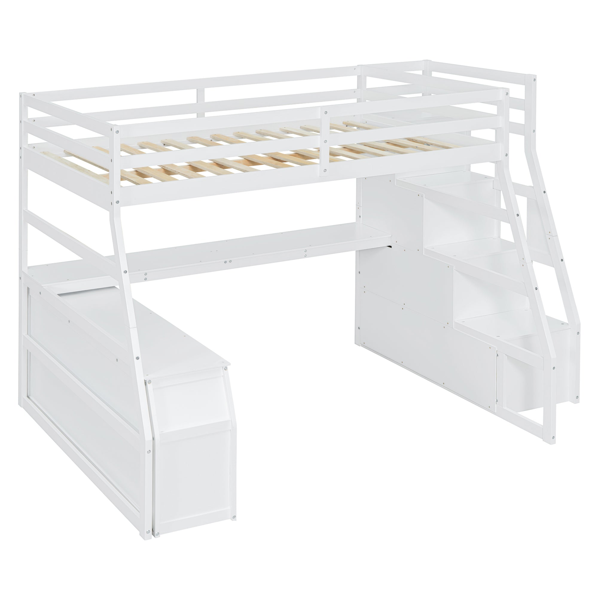 Start2Finish full size loft bed with built-in desk, 7 drawers, and 2 shelves, showcasing a modern bedroom furniture setup.