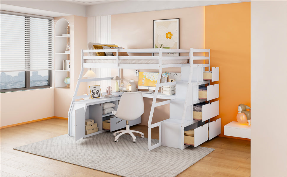 Full size loft bed by Start2Finish with 7 drawers, 2 shelves, and a built-in desk offering ample storage and workspace.