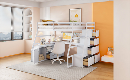 Full size loft bed by Start2Finish with 7 drawers, 2 shelves, and a built-in desk offering ample storage and workspace.