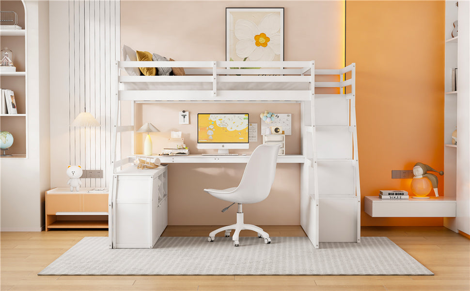Full size Loft Bed by Start2Finish with 7 drawers, 2 shelves, and built-in desk with storage in a modern bedroom setting.